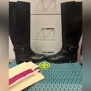 Tory Burch Black Leather Riding Boots with duster bag